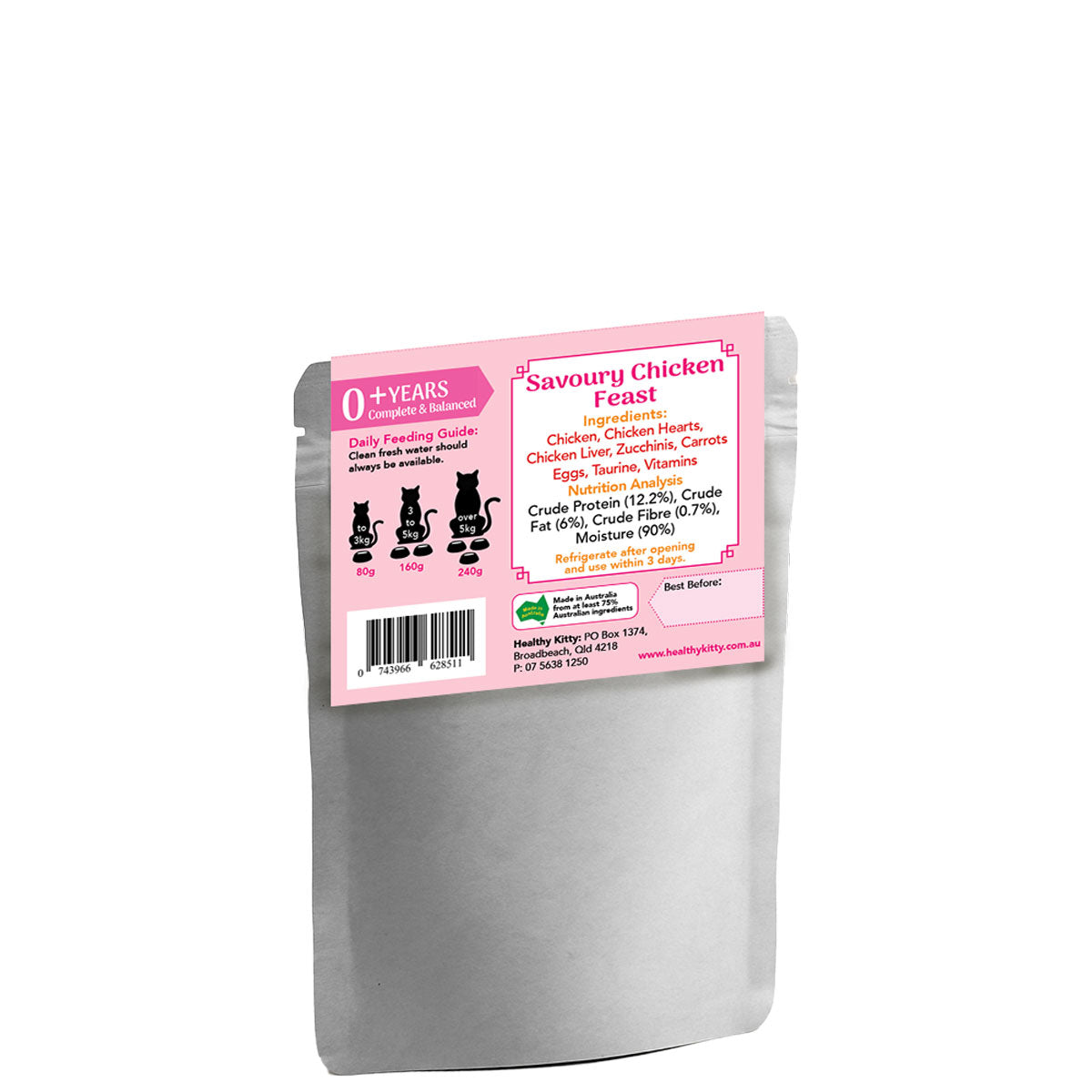 Nutrition panel and ingredients for HealthyKitty Savoury Chicken Feast 160g wet cat food