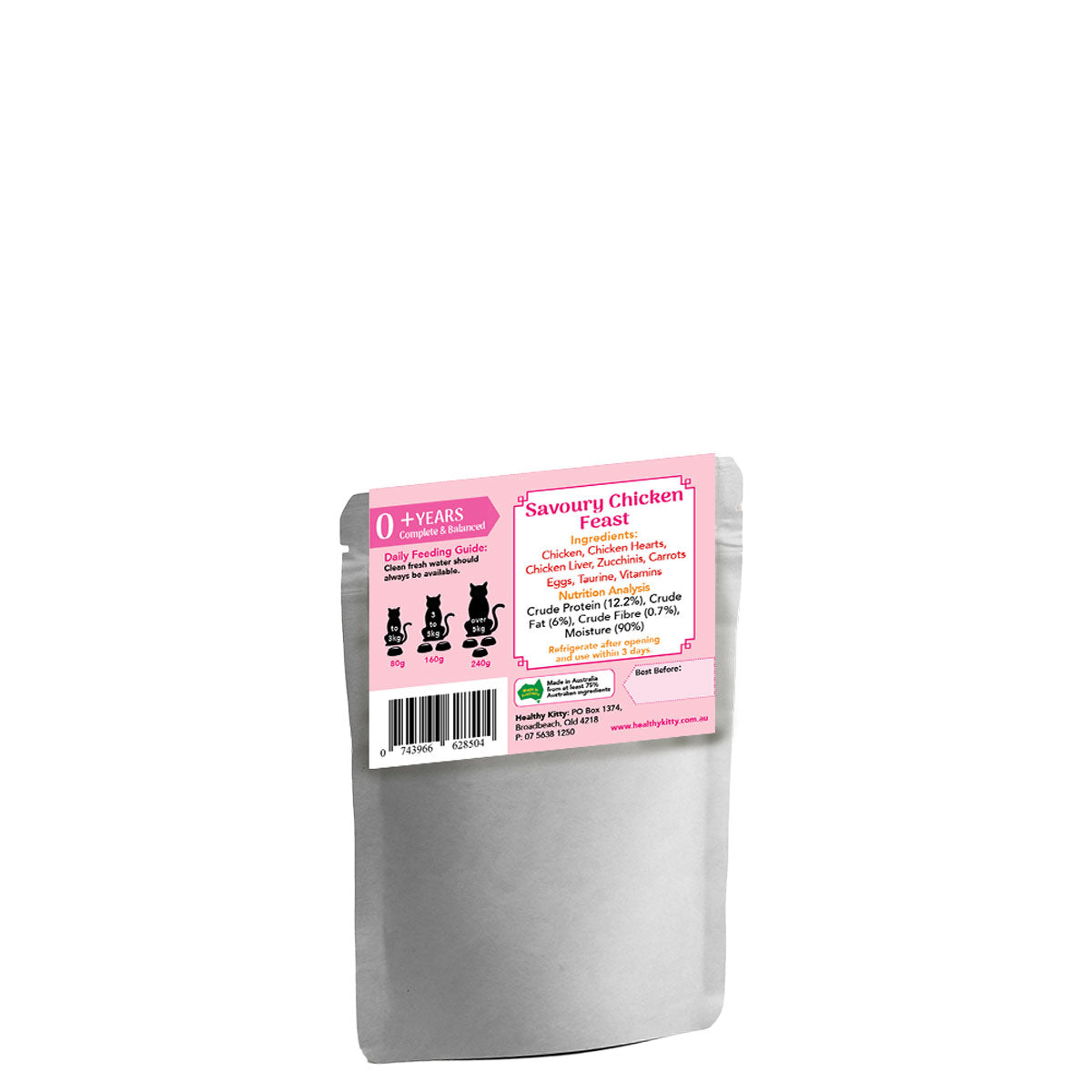 Nutrition panel and ingredients for HealthyKitty Savoury Chicken Feast 80g wet cat food
