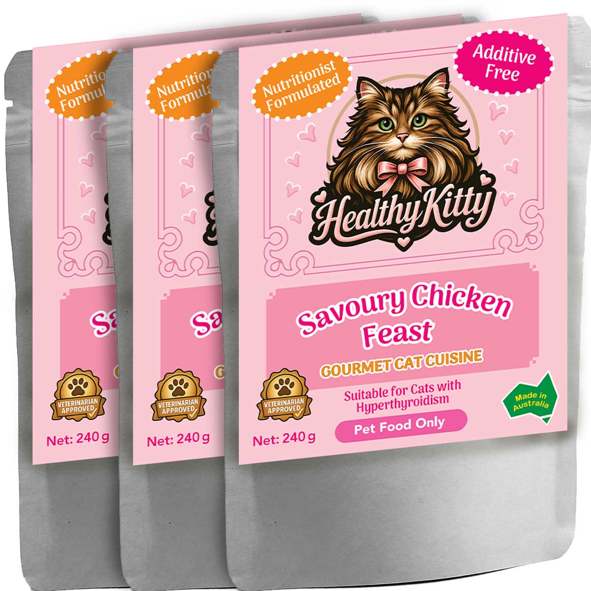 HealthyKitty Savoury Chicken Feast 3x240g Pack Size — grain‑free wet cat food, Australian‑made