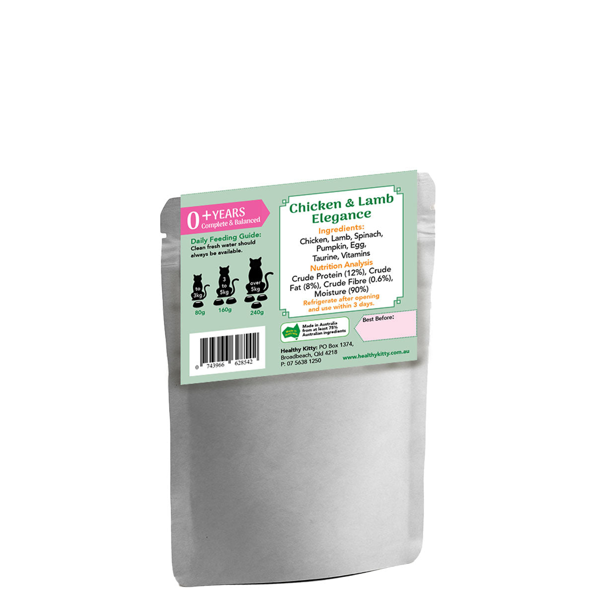 Nutrition panel and ingredients for HealthyKitty Chicken & Lamb Elegance 160g wet cat food