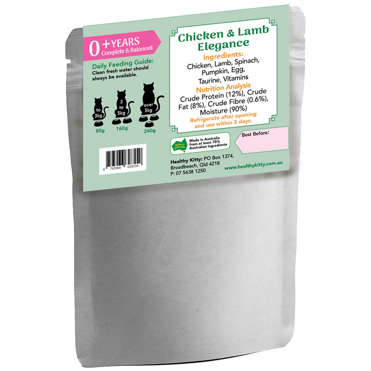 Nutrition panel and ingredients for HealthyKitty Chicken & Lamb Elegance 240g wet cat food
