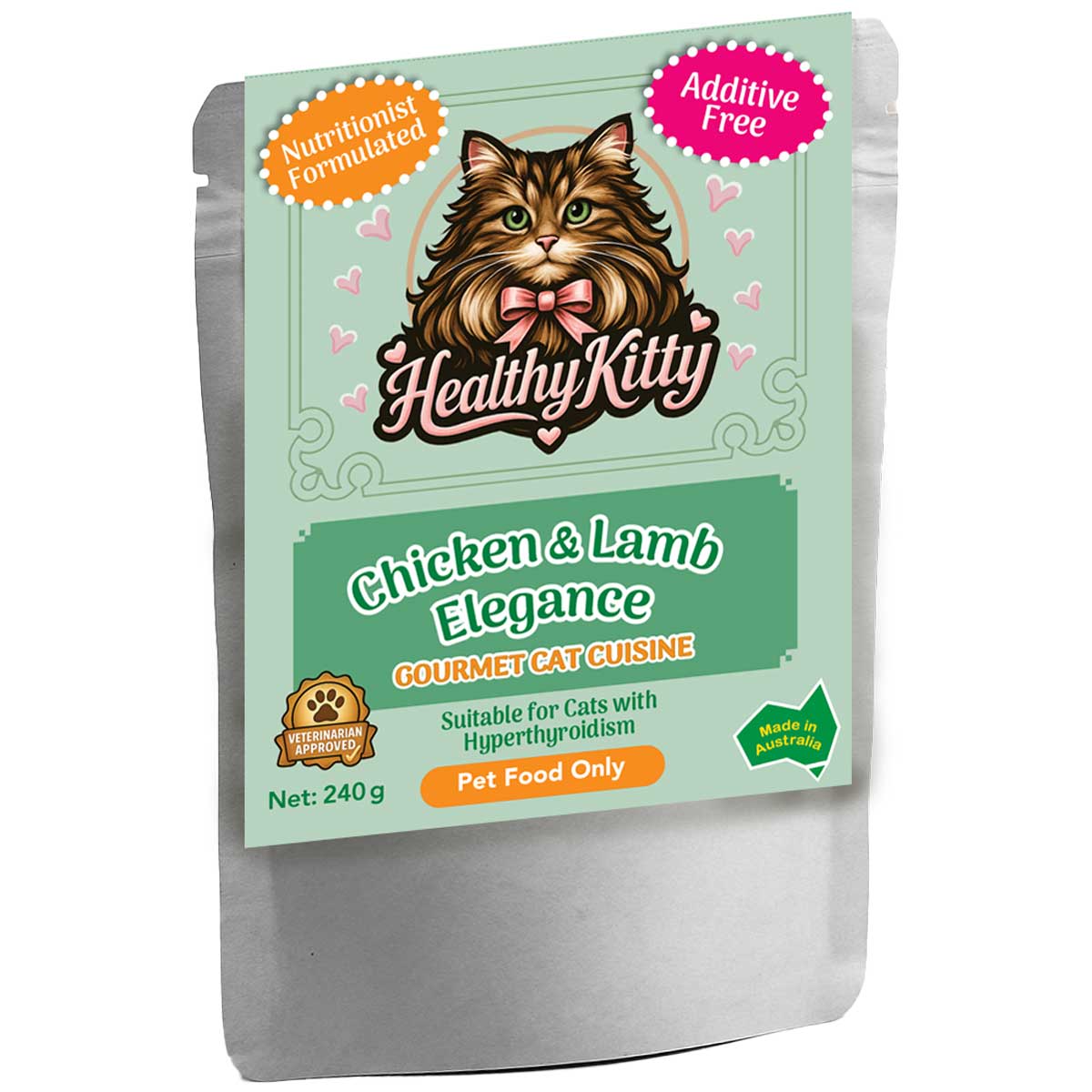 HealthyKitty Chicken & Lamb Elegance 240g pouch — grain‑free wet cat food, Australian‑made