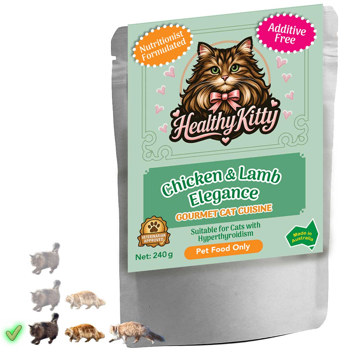 HealthyKitty Chicken & Lamb Elegance 240g pouch — grain‑free wet cat food, Australian‑made