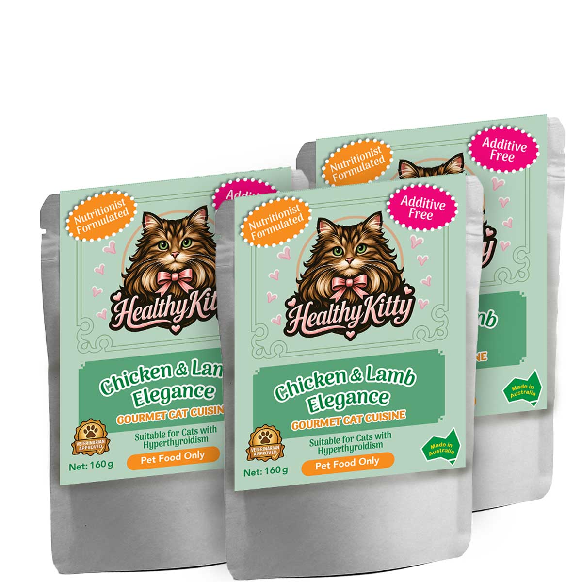 HealthyKitty Chicken & Lamb Elegance 3x160g Pack Size — grain‑free wet cat food, Australian‑made