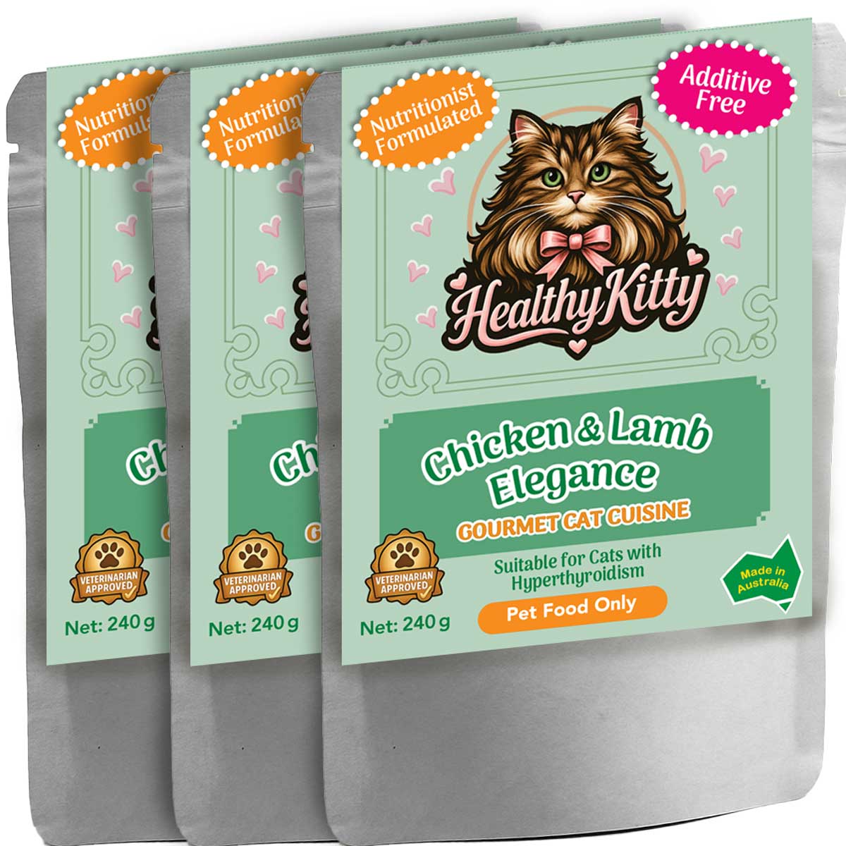 HealthyKitty Chicken & Lamb Elegance 3x240g Pack Size — grain‑free wet cat food, Australian‑made