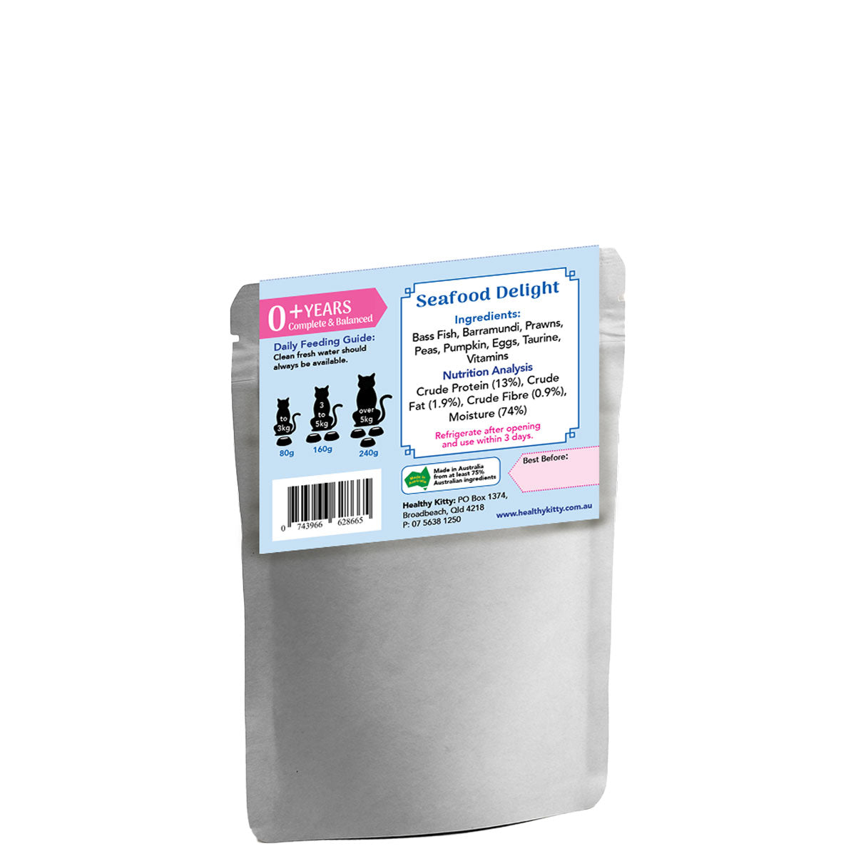Nutrition panel and ingredients for HealthyKitty Seafood Delight with Prawns and Baramundi 160g wet cat food
