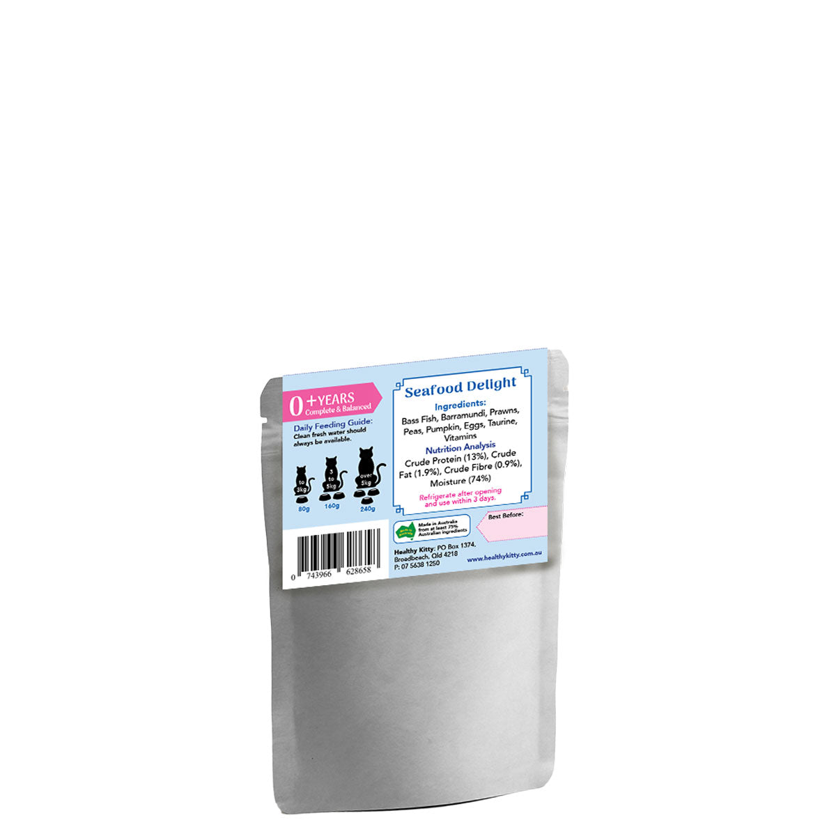 Nutrition panel and ingredients for HealthyKitty Seafood Delight with Prawns and Baramundi 80g wet cat food