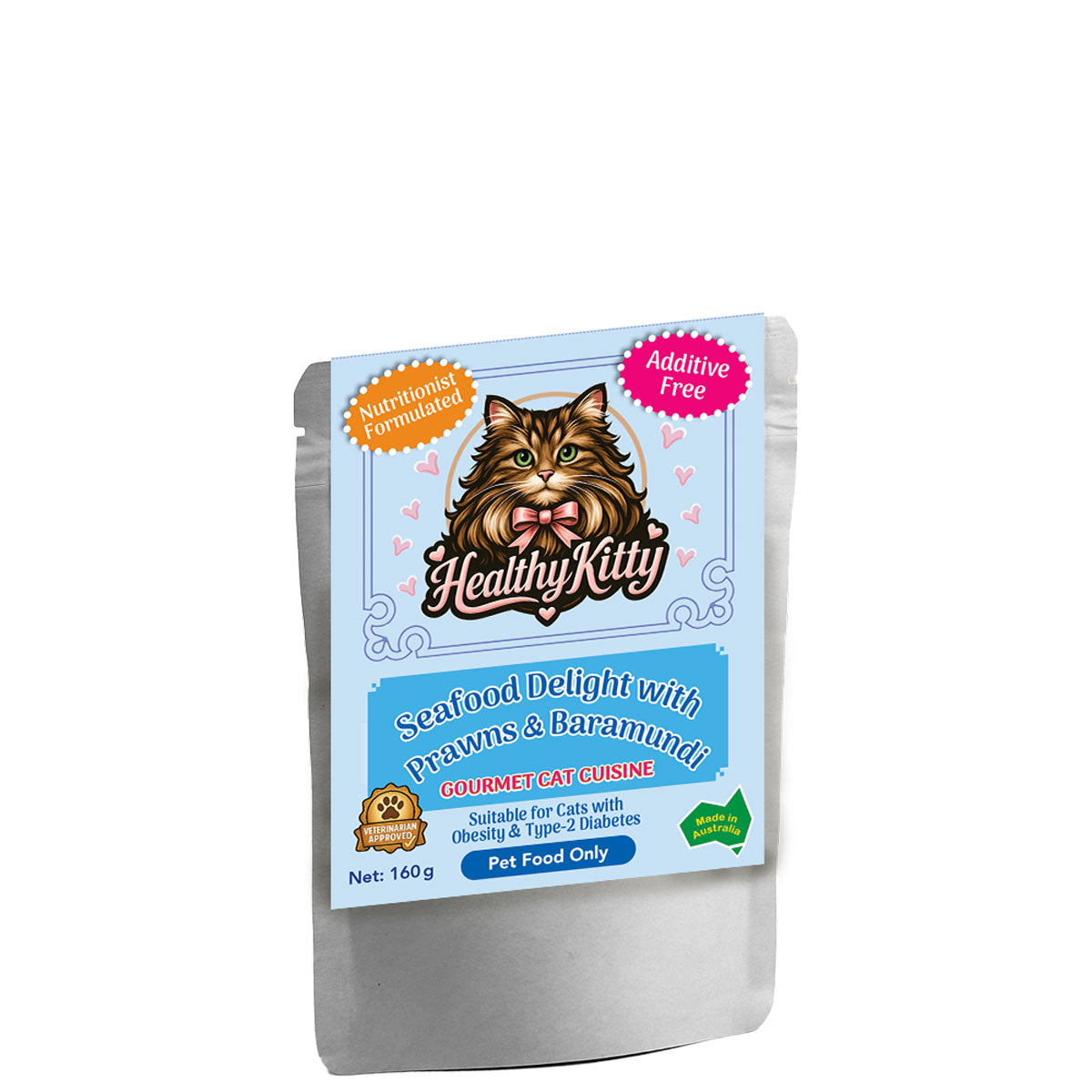 HealthyKitty Seafood Delight with Prawns and Baramundi 160g pouch — grain‑free wet cat food, Australian‑made