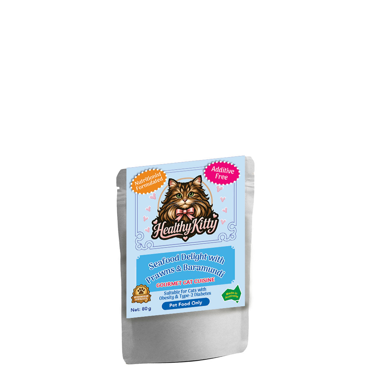 HealthyKitty Seafood Delight with Prawns and Baramundi 80g pouch — grain‑free wet cat food, Australian‑made