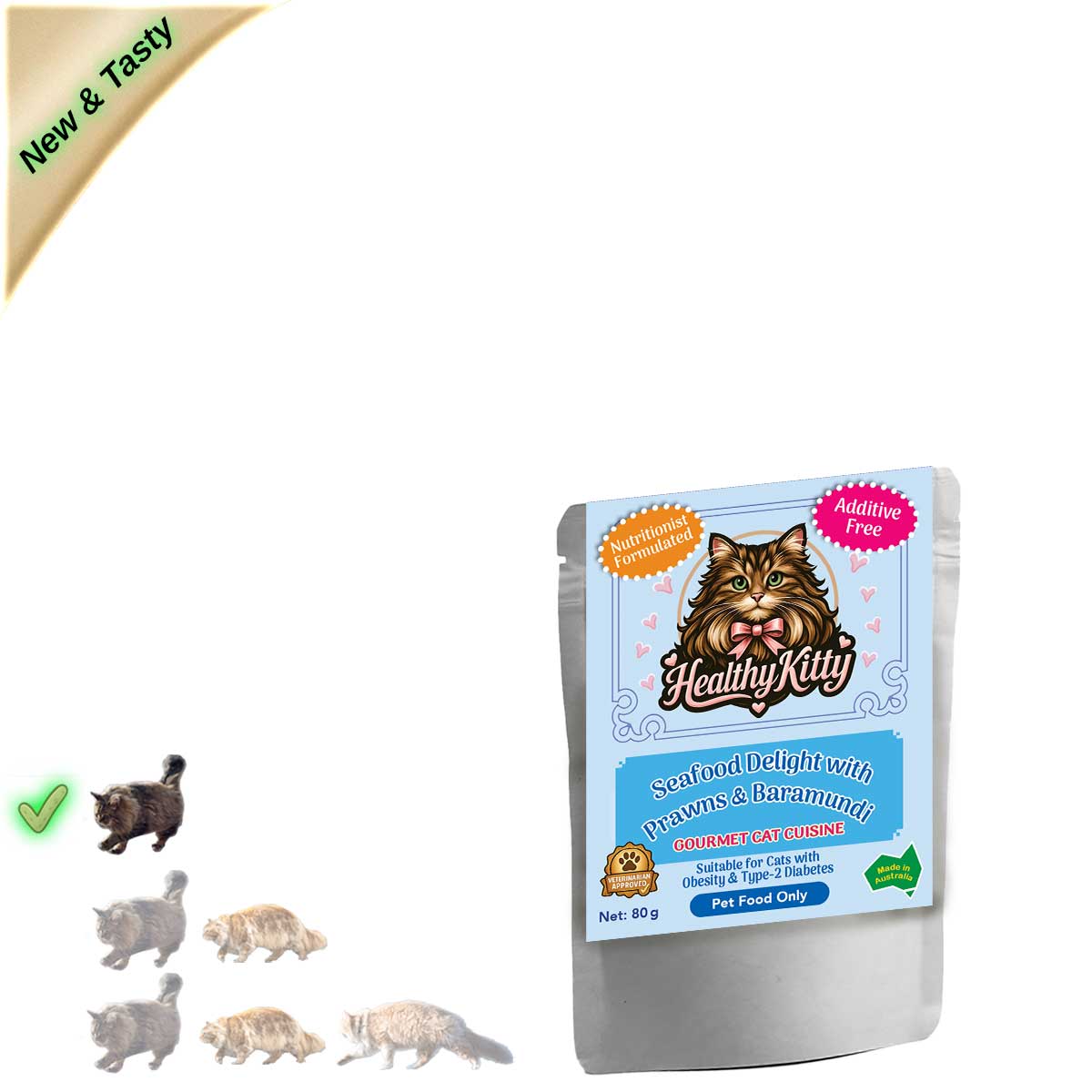 HealthyKitty Seafood Delight with Prawns and Baramundi 80g pouch — grain‑free wet cat food, Australian‑made