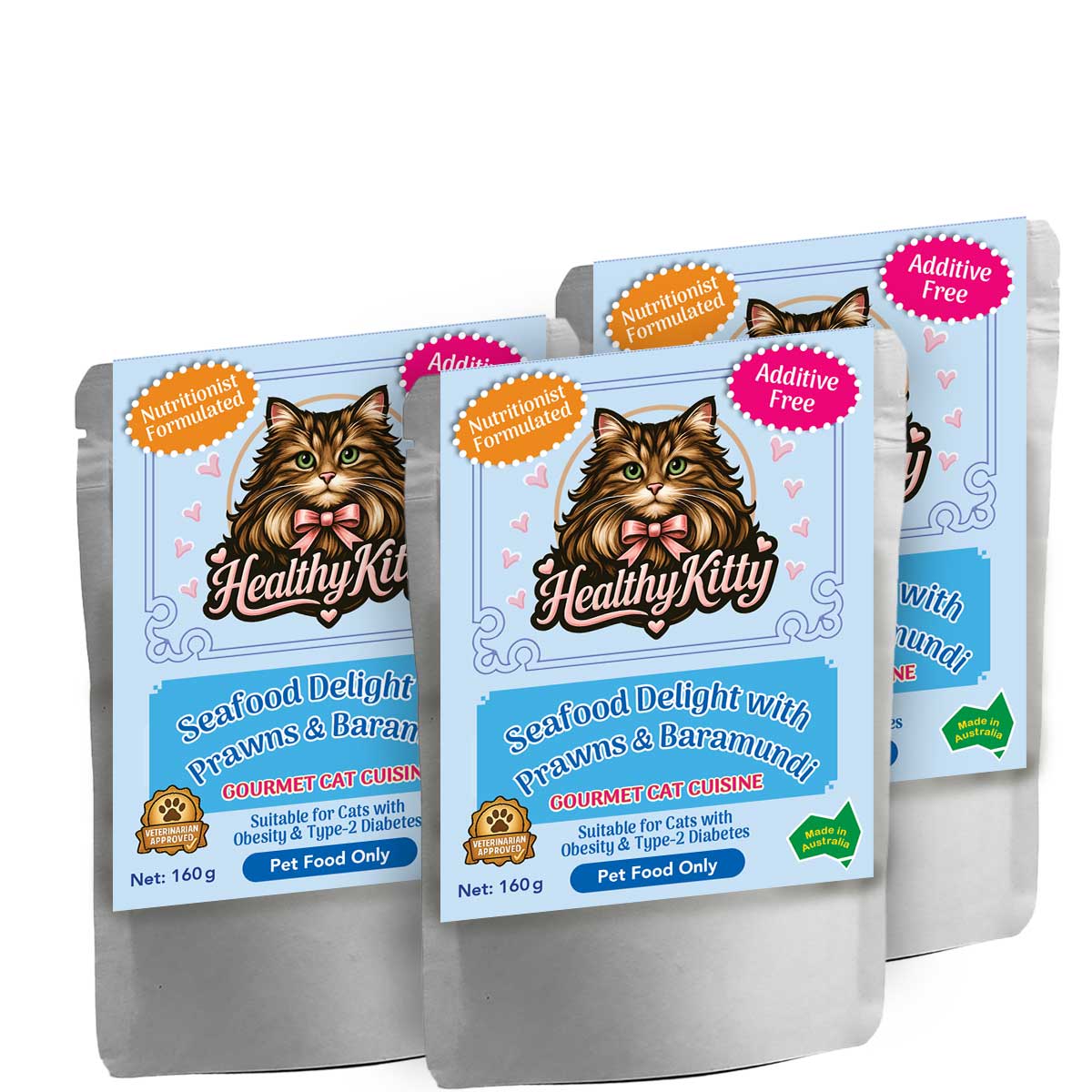 HealthyKitty Seafood Delight with Prawns and Baramundi 3x160g Pack Size — grain‑free wet cat food, Australian‑made