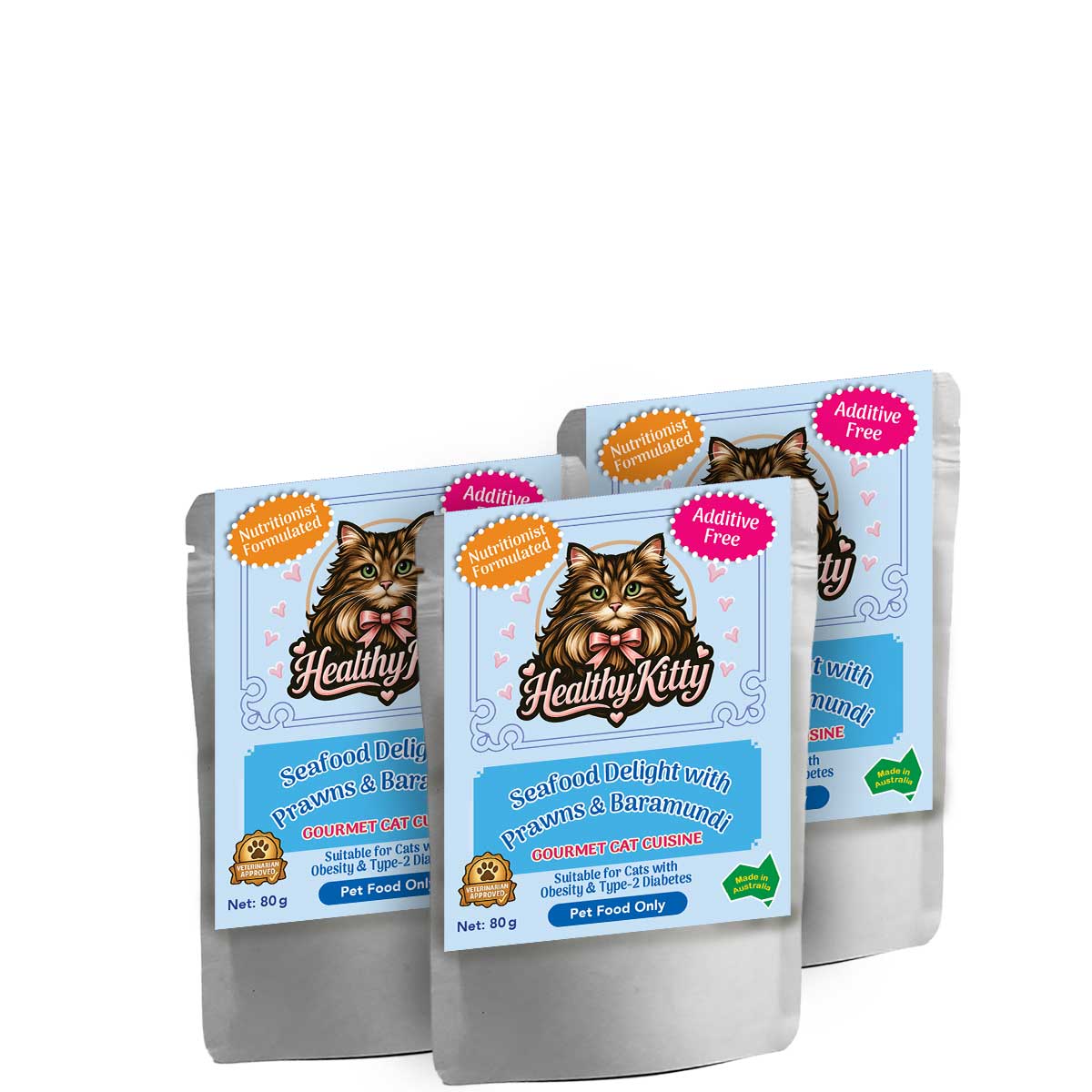 HealthyKitty Seafood Delight with Prawns and Baramundi 3x80g Pack Size — grain‑free wet cat food, Australian‑made