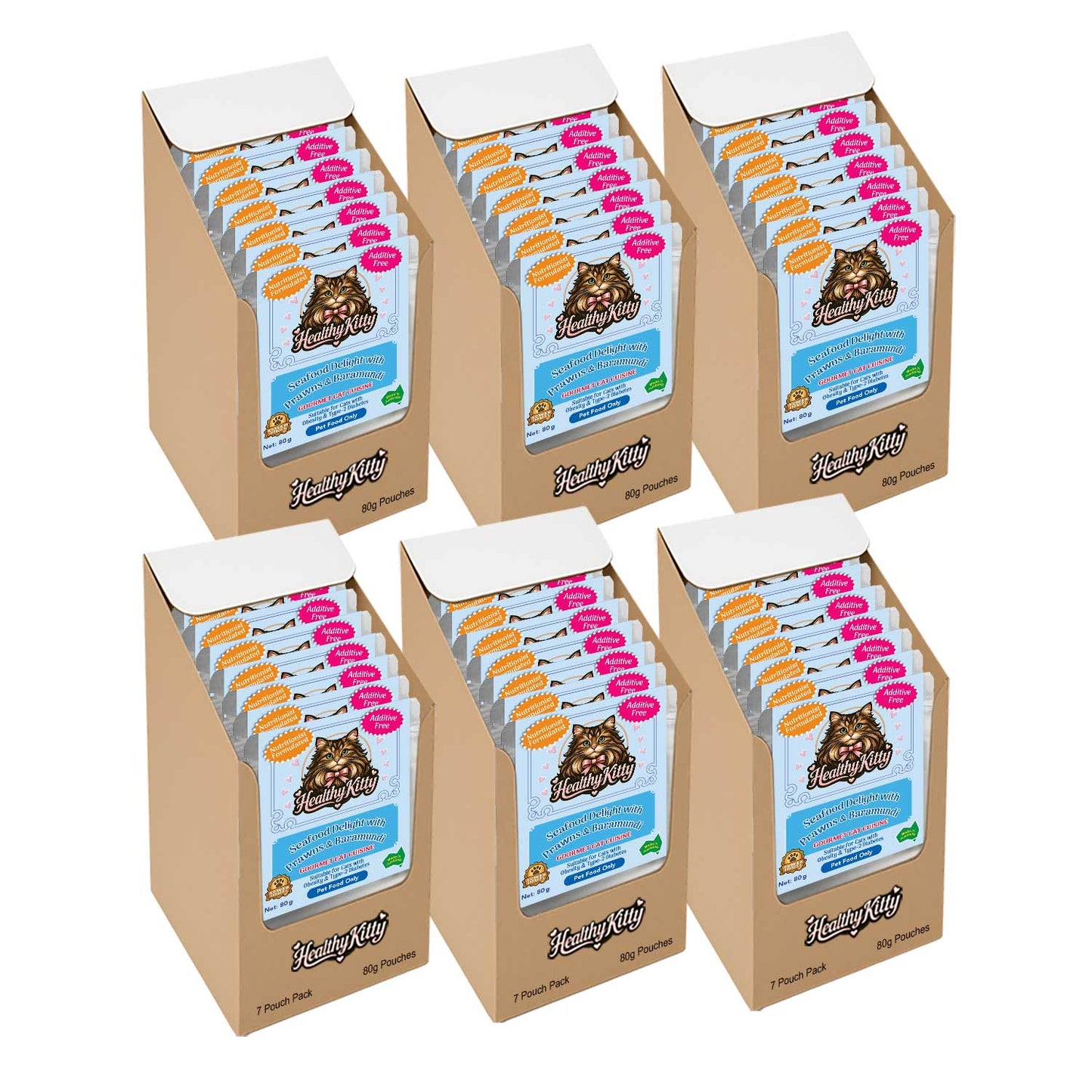 HealthyKitty Seafood Delight with Prawns and Baramundi 42x80g Pack Size — grain‑free wet cat food, Australian‑made