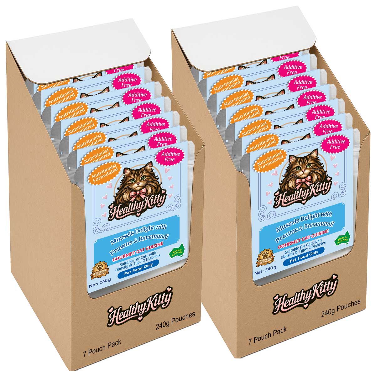 HealthyKitty Mussels Delight with Prawns and Baramundi 14x240g Pack Size — grain‑free wet cat food, Australian‑made