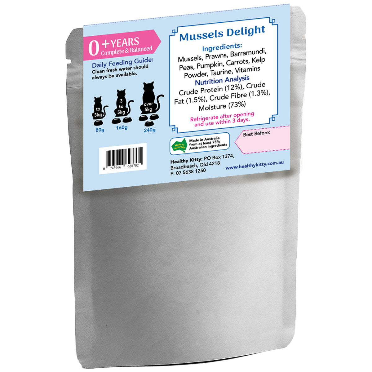 Nutrition panel and ingredients for HealthyKitty Mussels Delight with Prawns and Baramundi 240g wet cat food