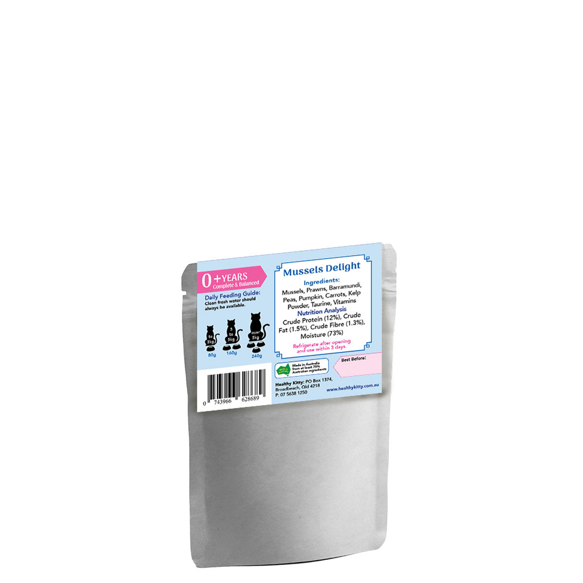 Nutrition panel and ingredients for HealthyKitty Mussels Delight with Prawns and Baramundi 80g wet cat food