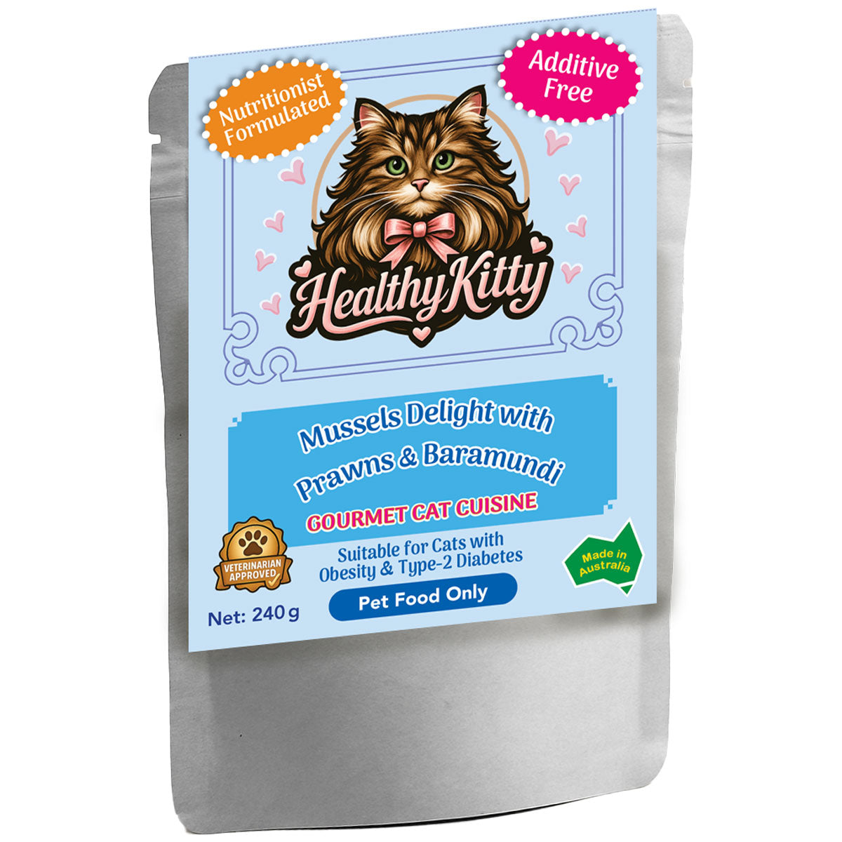 HealthyKitty Mussels Delight with Prawns and Baramundi 240g pouch — grain‑free wet cat food, Australian‑made