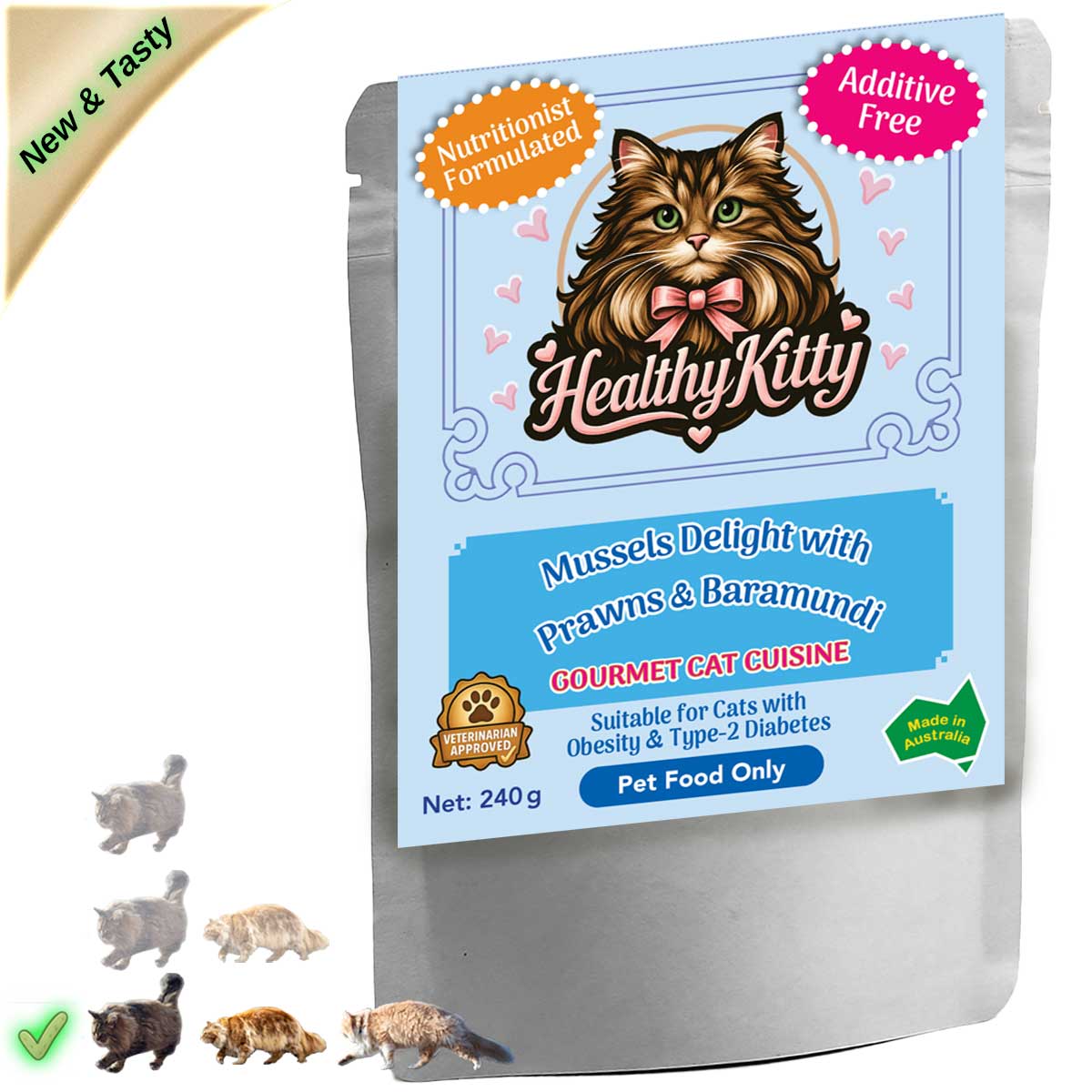 HealthyKitty Mussels Delight with Prawns and Baramundi 240g pouch — grain‑free wet cat food, Australian‑made