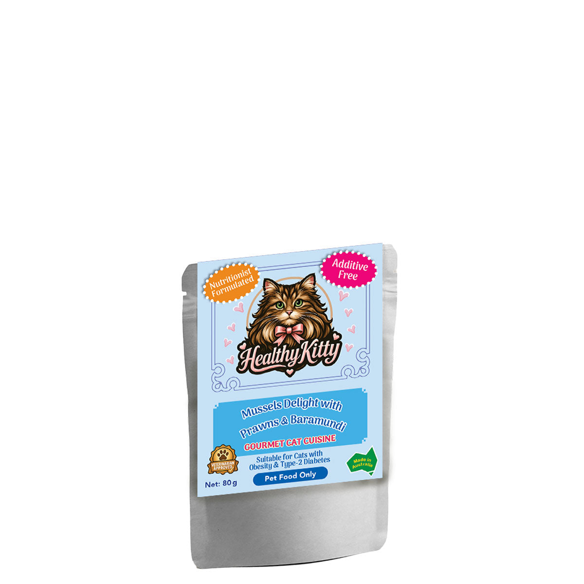 HealthyKitty Mussels Delight with Prawns and Baramundi 80g pouch — grain‑free wet cat food, Australian‑made