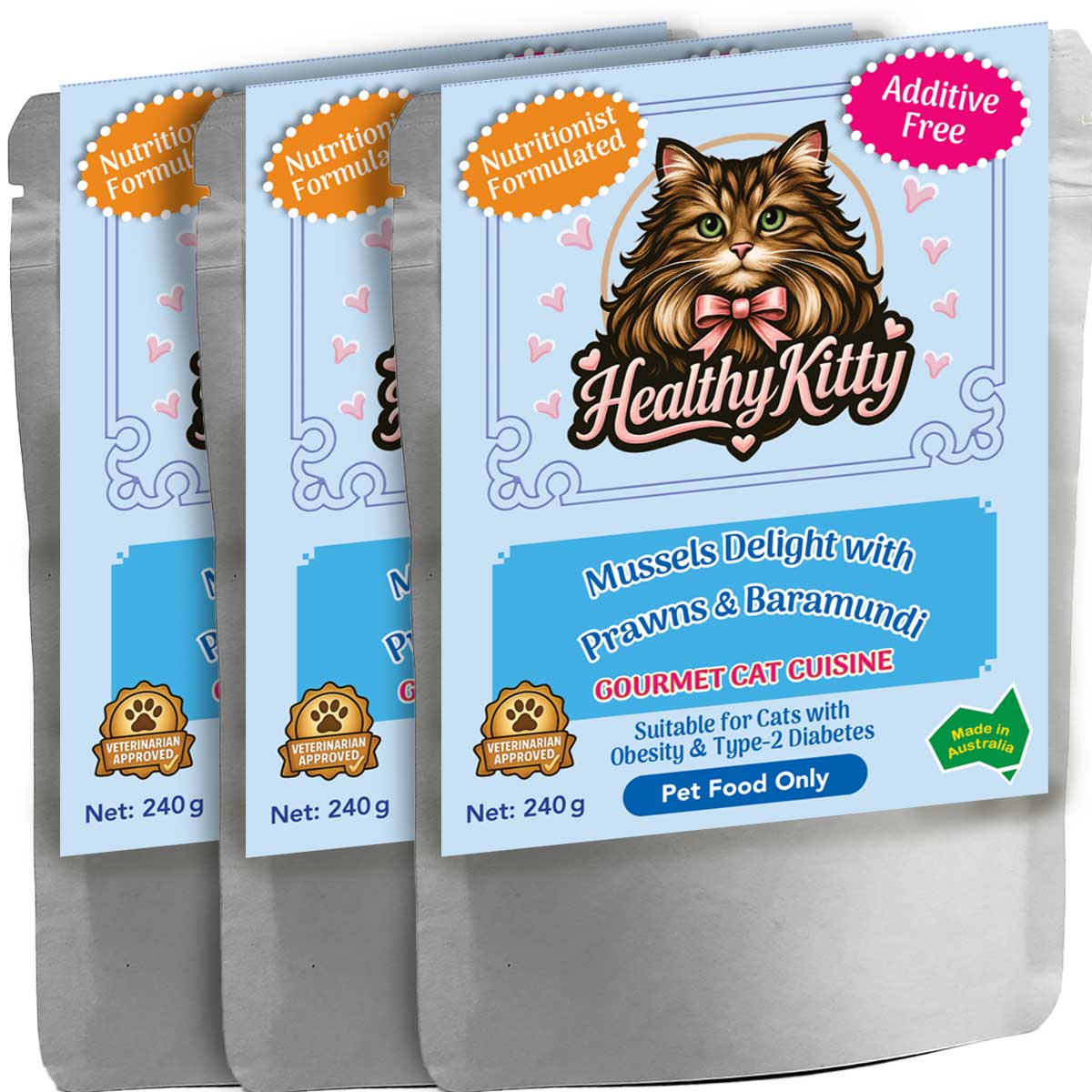 HealthyKitty Mussels Delight with Prawns and Baramundi 3x240g Pack Size — grain‑free wet cat food, Australian‑made