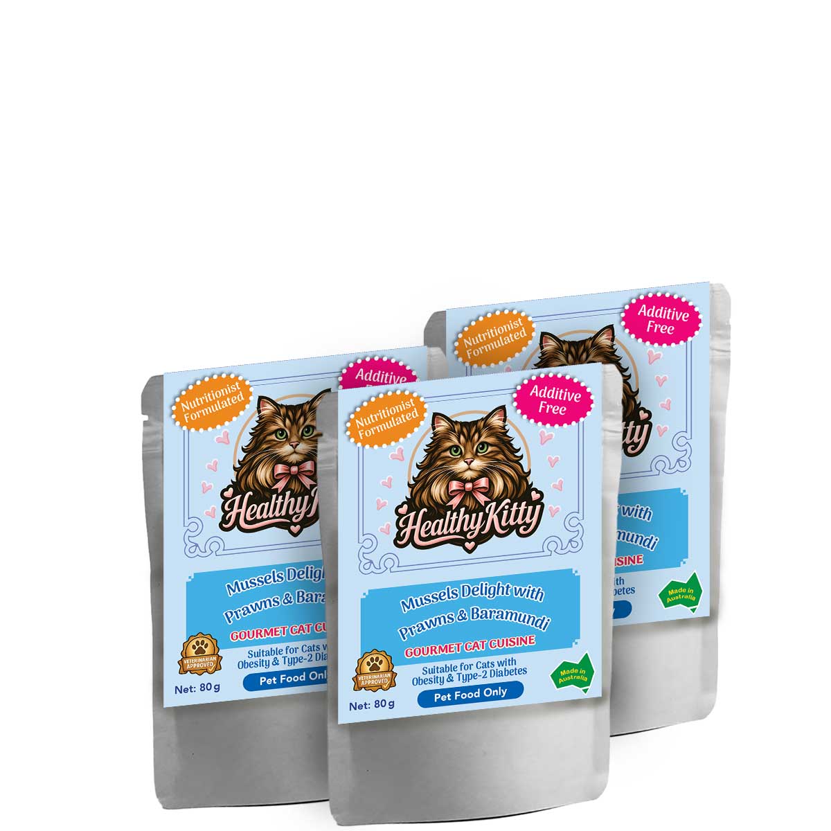 HealthyKitty Mussels Delight with Prawns and Baramundi 3x80g Pack Size — grain‑free wet cat food, Australian‑made