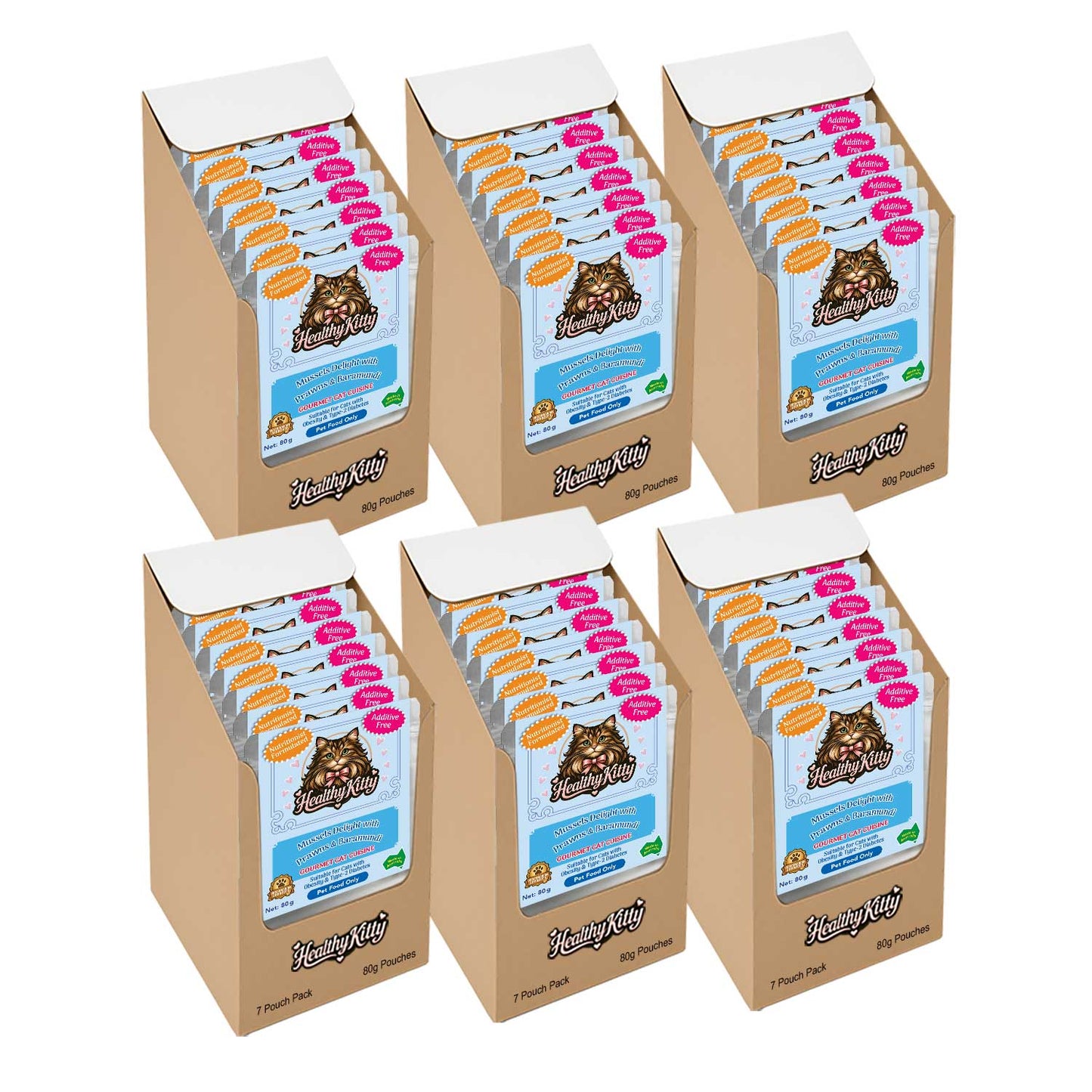 HealthyKitty Mussels Delight with Prawns and Baramundi 42x80g Pack Size — grain‑free wet cat food, Australian‑made