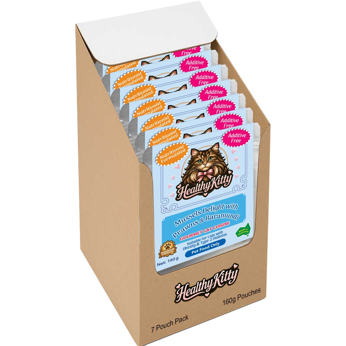 HealthyKitty Mussels Delight with Prawns and Baramundi 7x160g Pack Size — grain‑free wet cat food, Australian‑made