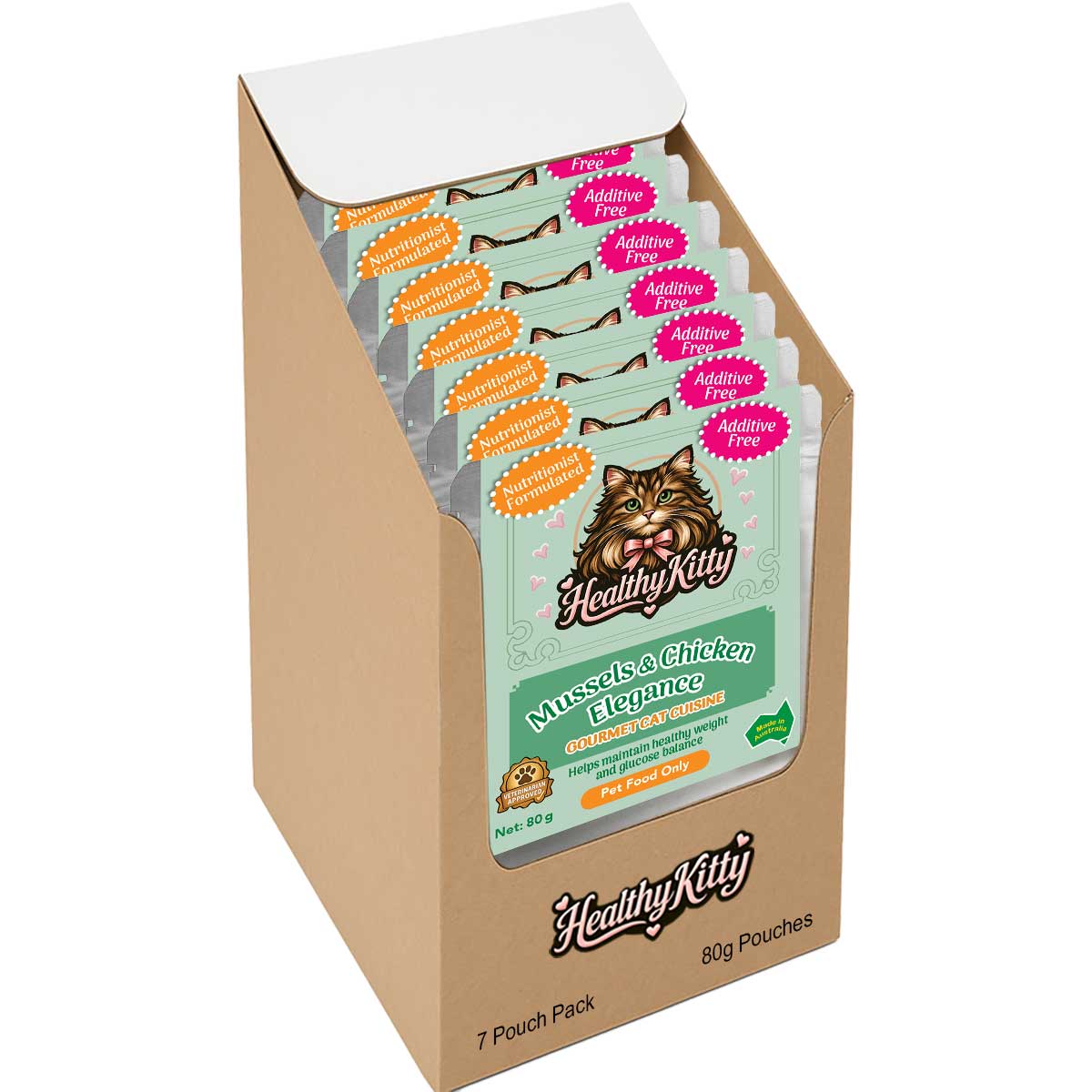 HealthyKitty Mussels and Chicken Elegance 7x80g Pack Size — grain‑free wet cat food, Australian‑made