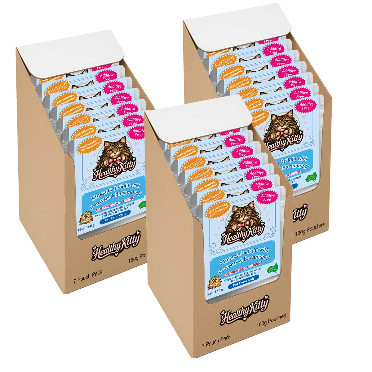 HealthyKitty Mussels Delight with Prawns and Baramundi 21x160g Pack Size — grain‑free wet cat food, Australian‑made