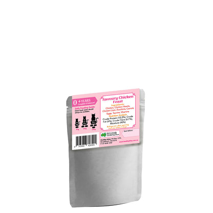 Nutrition panel and ingredients for HealthyKitty Savoury Chicken Feast 80g wet cat food