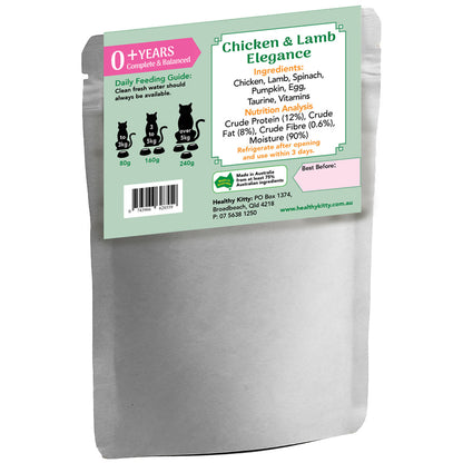 Nutrition panel and ingredients for HealthyKitty Chicken & Lamb Elegance 240g wet cat food