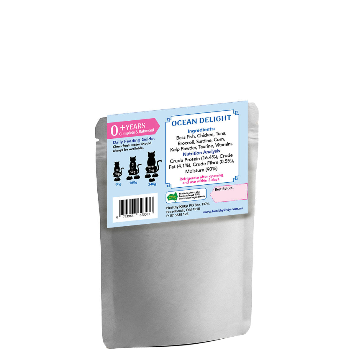 Nutrition panel and ingredients for HealthyKitty Ocean Delight 160g wet cat food