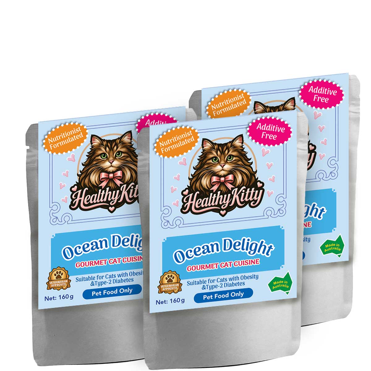 HealthyKitty Ocean Delight 3x160g Pack Size — grain‑free wet cat food, Australian‑made