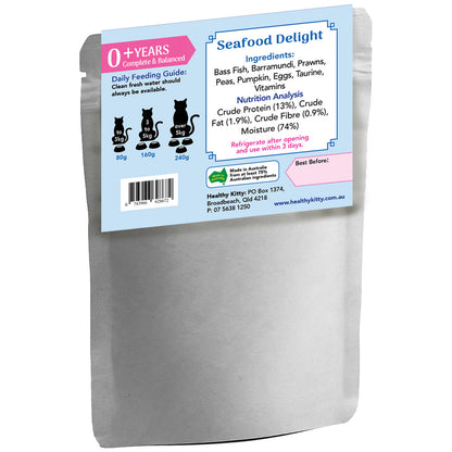 Nutrition panel and ingredients for HealthyKitty Seafood Delight with Prawns and Baramundi 240g wet cat food