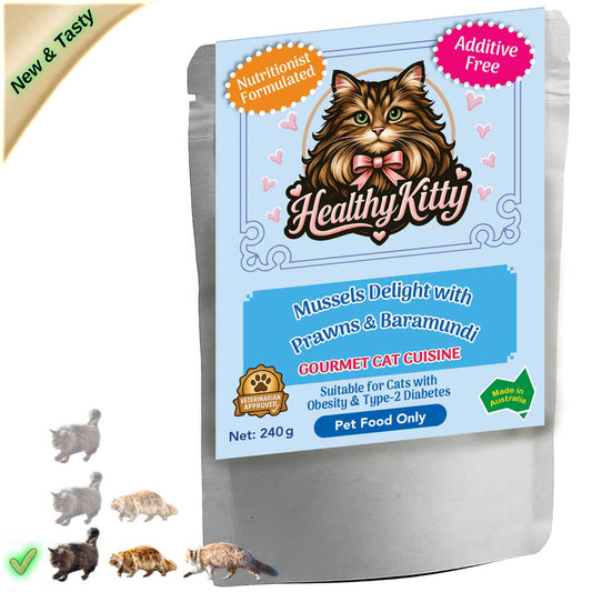 HealthyKitty Mussels Delight with Prawns and Baramundi  240g pouch — grain‑free wet cat food, Australian‑made