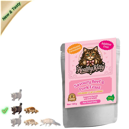 HealthyKitty Savoury Beef & Pork Feast 160g pouch — grain‑free wet cat food, Australian‑made