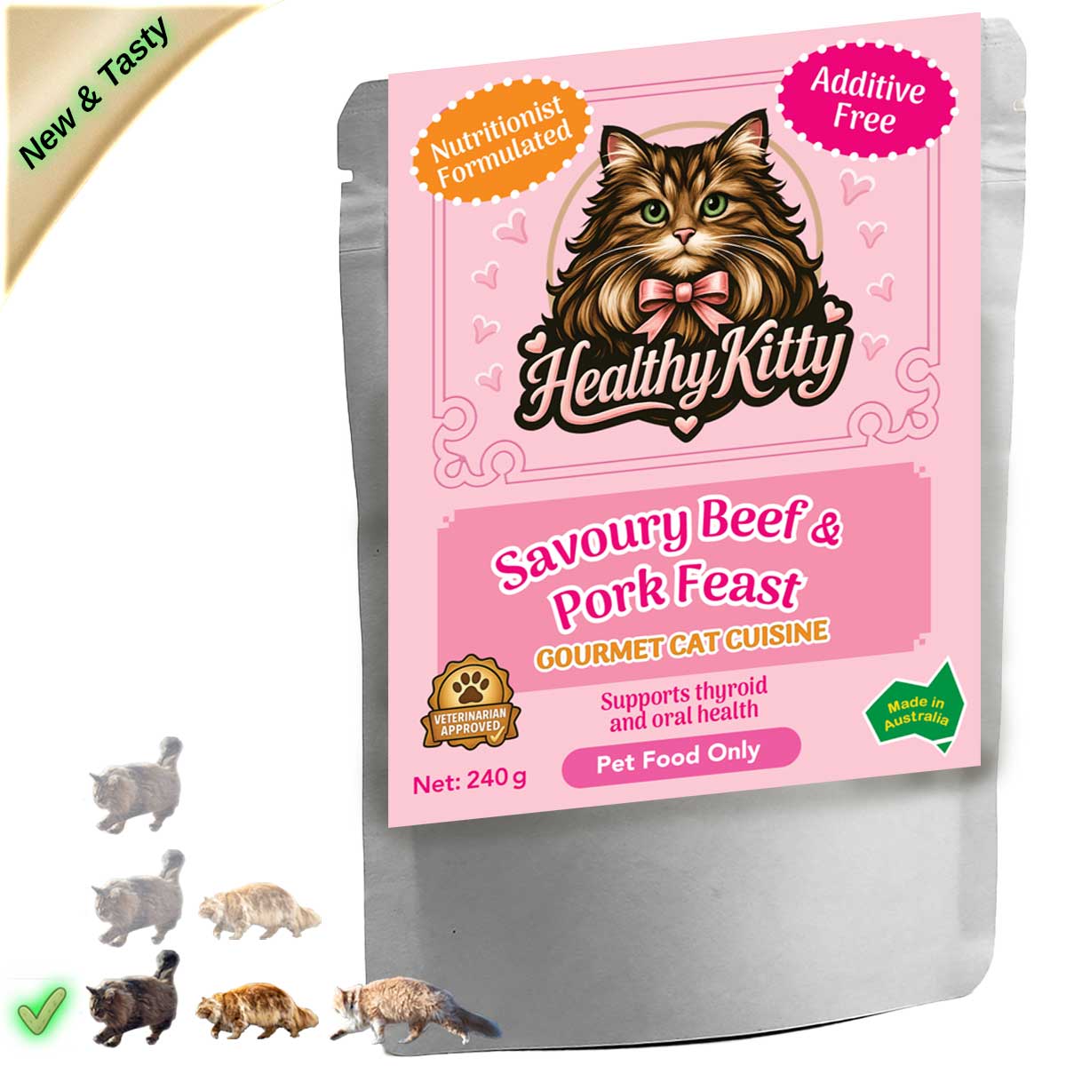 HealthyKitty Savoury Beef & Pork Feast 240g pouch — grain‑free wet cat food, Australian‑made