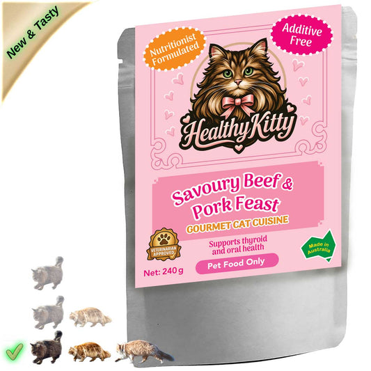 HealthyKitty Savoury Beef & Pork Feast 240g pouch — grain‑free wet cat food, Australian‑made