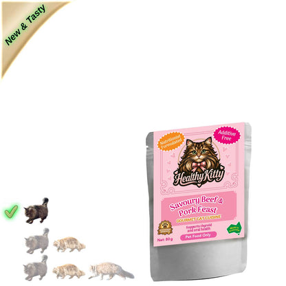 HealthyKitty Savoury Beef & Pork Feast 80g pouch — grain‑free wet cat food, Australian‑made