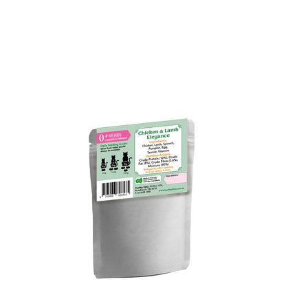 Nutrition panel and ingredients for HealthyKitty Chicken & Lamb Elegance 80g wet cat food