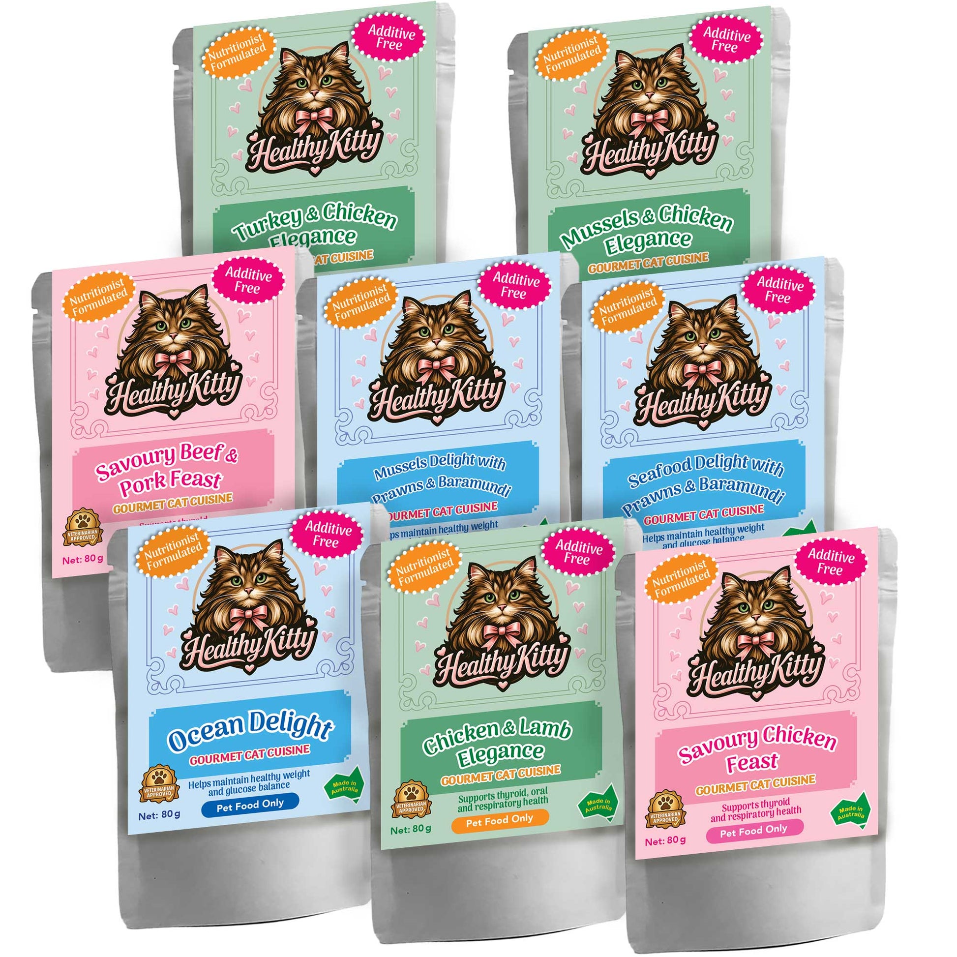 HealthyKitty 8-Recipes-trial-pack_8x80g — grain‑free wet cat food, Australian‑made
