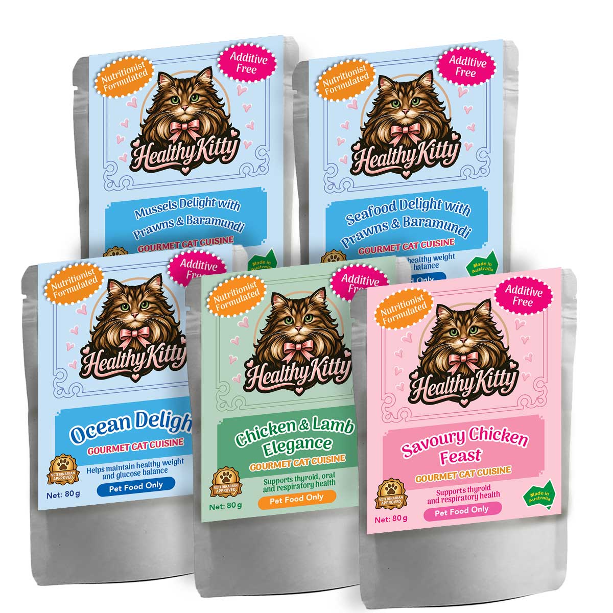 HealthyKitty 5-Recipes-trial-pack_5x80g — grain‑free wet cat food, Australian‑made