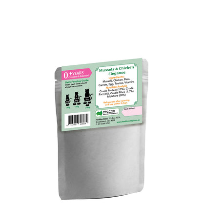 Nutrition panel and ingredients for HealthyKitty Mussels and Chicken Elegance 160g wet cat food