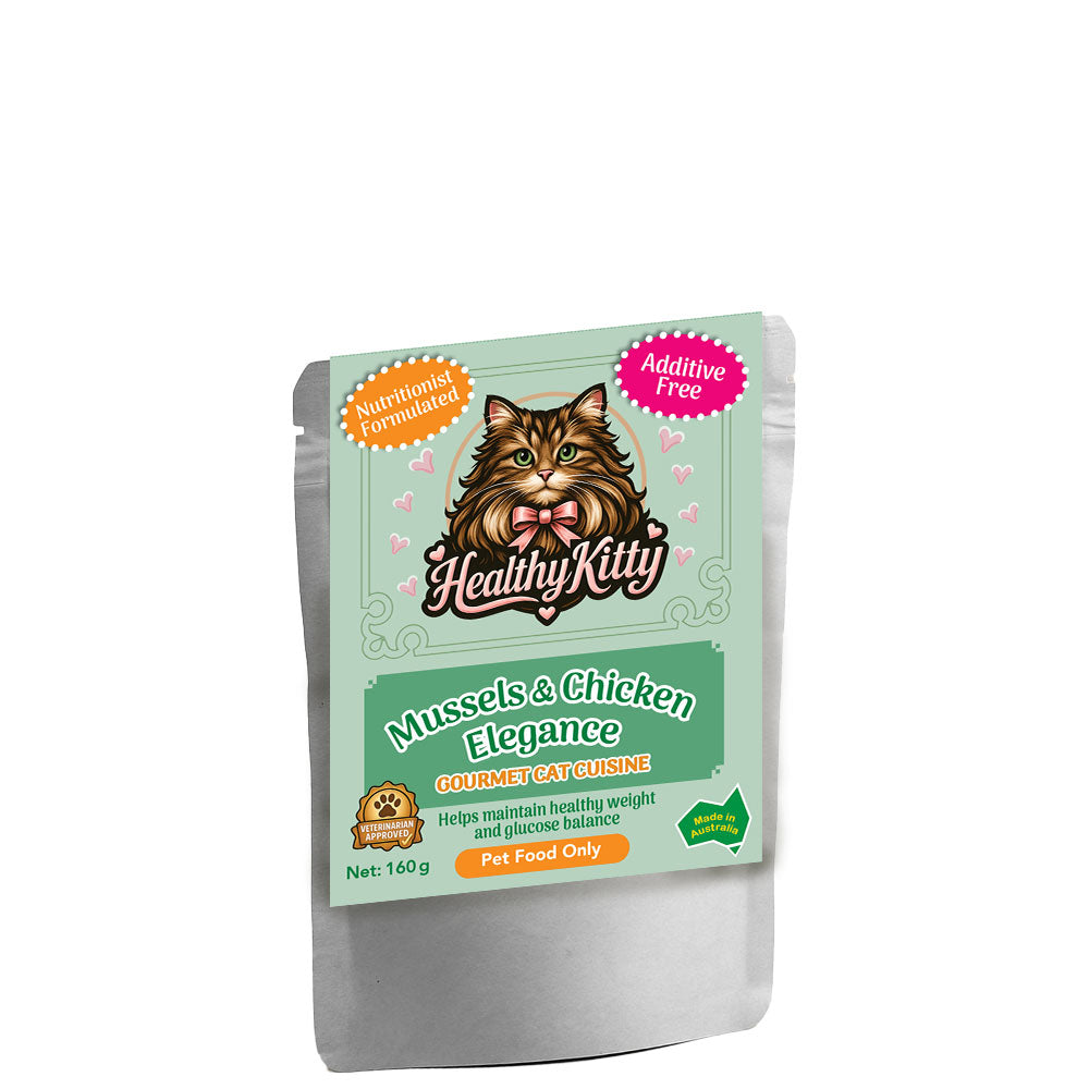 HealthyKitty Mussels and Chicken Elegance 160g pouch — grain‑free wet cat food, Australian‑made