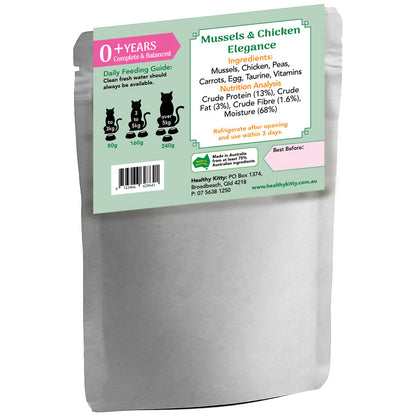 Nutrition panel and ingredients for HealthyKitty Mussels and Chicken Elegance 240g wet cat food