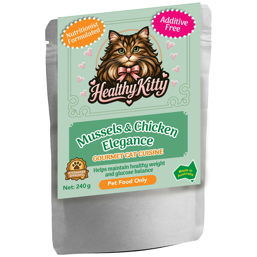 HealthyKitty Mussels and Chicken Elegance 240g pouch — grain‑free wet cat food, Australian‑made