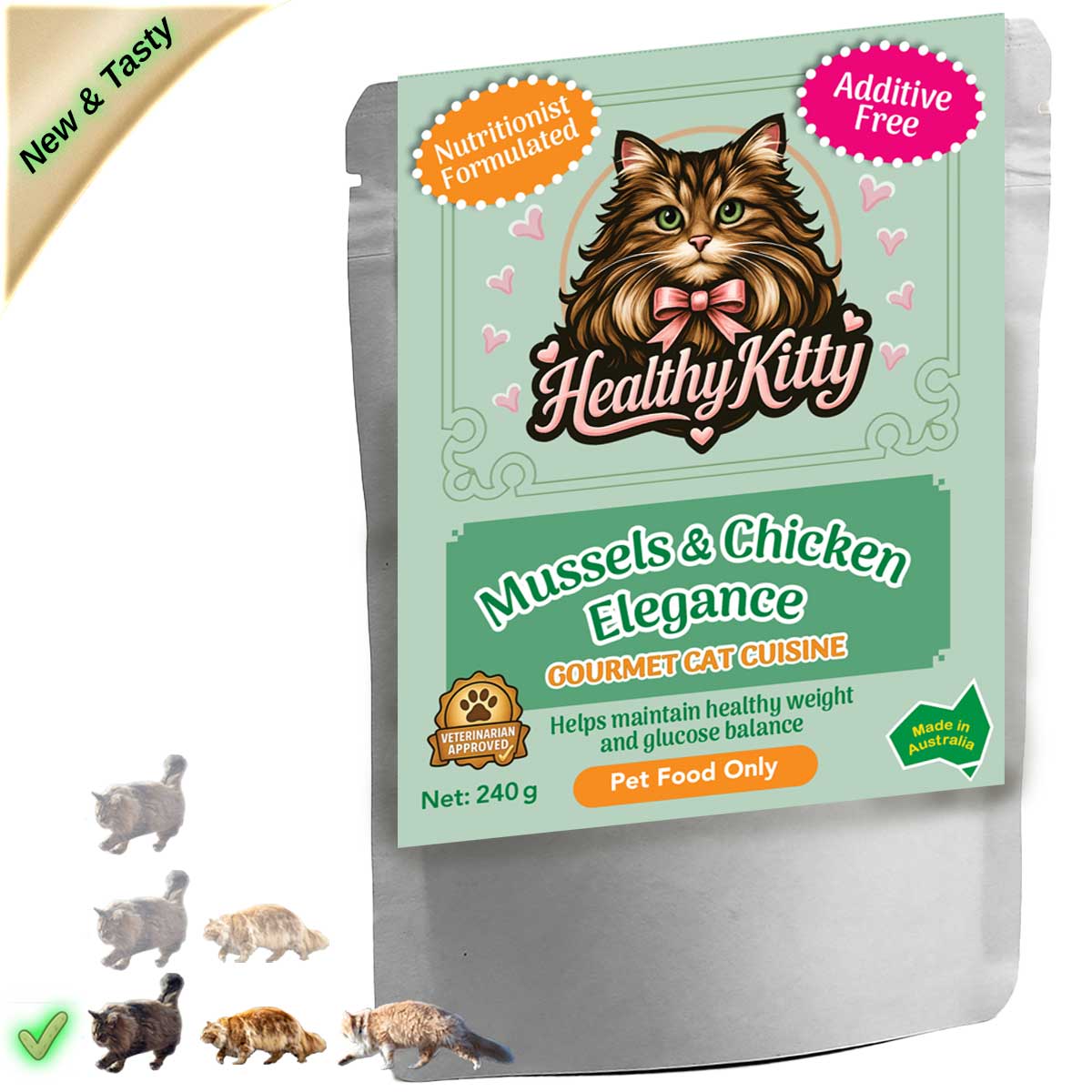 HealthyKitty Mussels & Chicken Elegance 240g pouch — grain‑free wet cat food, Australian‑made
