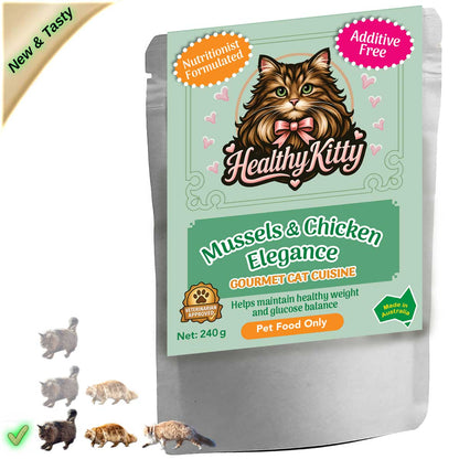 HealthyKitty Mussels & Chicken Elegance 240g pouch — grain‑free wet cat food, Australian‑made