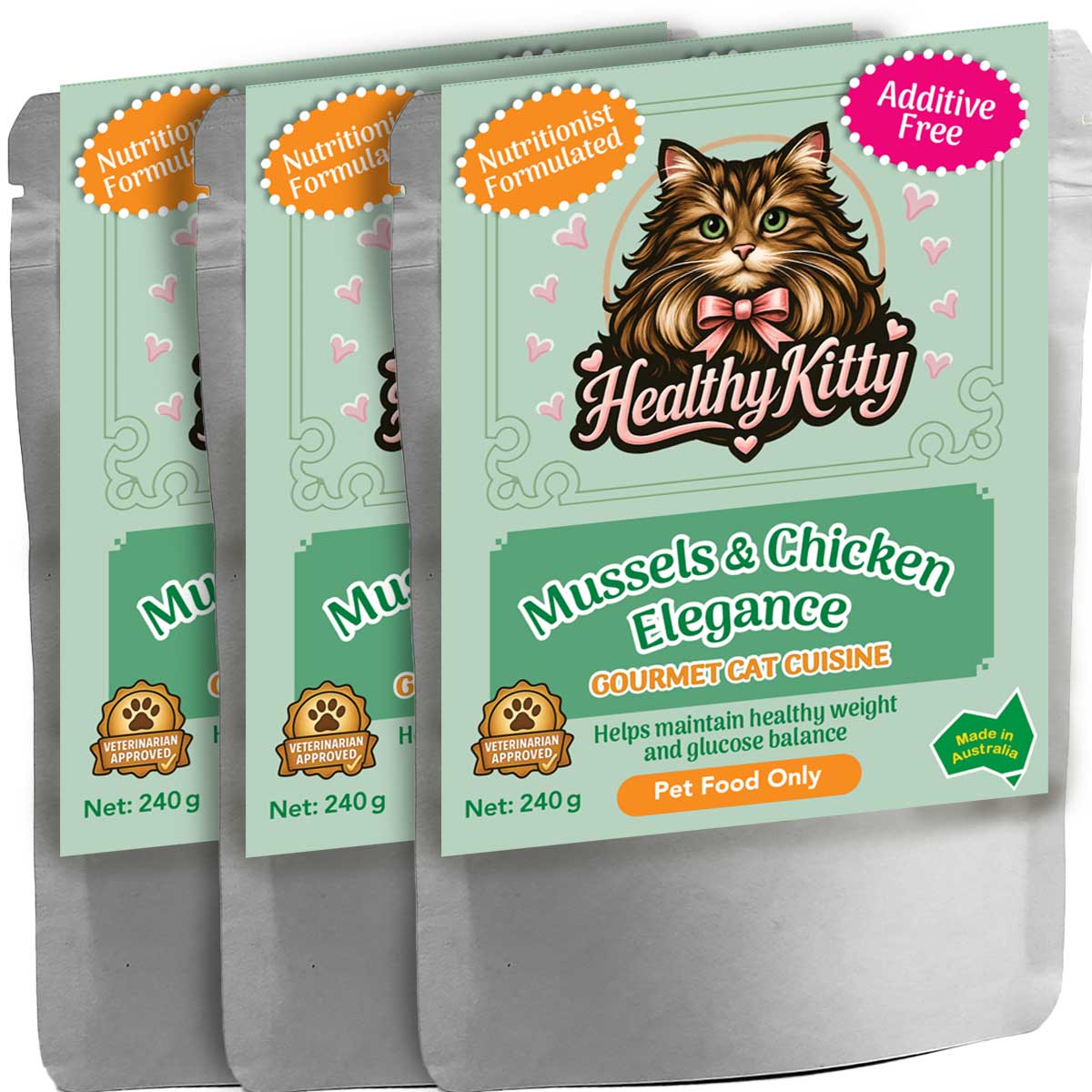 HealthyKitty Mussels and Chicken Elegance 3x240g Pack Size — grain‑free wet cat food, Australian‑made