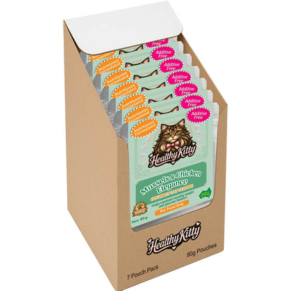 HealthyKitty Mussels and Chicken Elegance 7x80g Pack Size — grain‑free wet cat food, Australian‑made